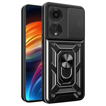 Husa pentru Oppo A98 5G, SKYDDAR INNOVATION, CamShield, Inel magnetic, set cu sticker, Negru