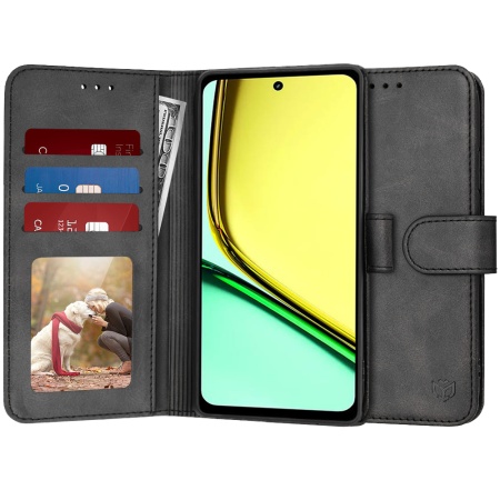 Husa pentru Realme C67 4G, SKYDDAR INNOVATION, Diary Book, tip carte, cu Portofel Interior, Antisoc, Negru, set cu sticker