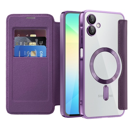 Husa pentru Samsung Galaxy A06 tip carte, SKYDDAR INOVATION, SmartMag Book, Magsafe, RFiD, Suport Carduri, set cu sticker, Mov
