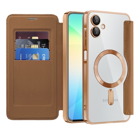 Husa pentru Samsung Galaxy A06 tip carte, SKYDDAR INOVATION, SmartMag Book, Magsafe, RFiD, Suport Carduri, set cu sticker, Maro