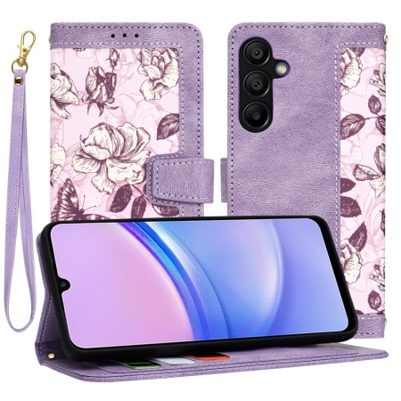 Husa pentru Samsung Galaxy A15 4G / Galaxy A15 5G, SKYDDAR INNOVATION, Floral Wallet, din Piele Ecologică cu Design Floral, Protecție 360°, Stand Integrat, Buzunare pentru Carduri, Mov, set cu sticker