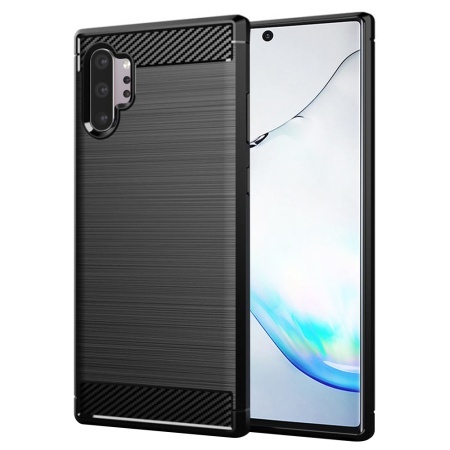 Husa pentru Samsung Galaxy Note 10 Plus / Galaxy Note 10 Plus 5G, SKYDDAR INNOVATION, Carbon Silicone, din Silicon Slim, cu textura Fibra Carbon, set cu sticker, Negru