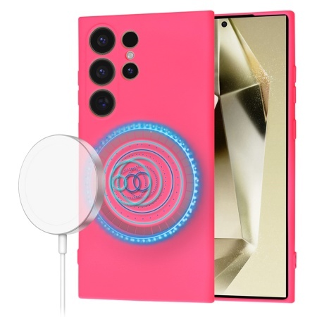 Husa pentru Samsung Galaxy S24 Ultra, SKYDDAR INNOVATION, din Silicon Catifelat, SoftFlex Magsafe, set cu sticker, Fucsia