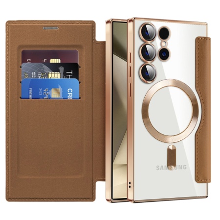 Husa pentru Samsung Galaxy S24 Ultra tip carte, SKYDDAR INOVATION, SmartMag Book, Magsafe, RFiD, Suport Carduri, set cu sticker, Maro