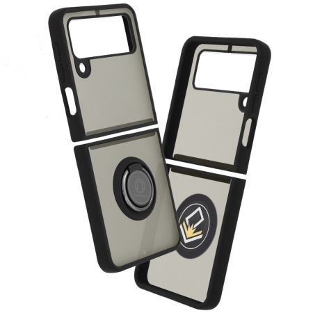 Husa pentru Samsung Galaxy Z Flip3 5G, SKYDDAR INNOVATION, Glinth cu Inel Rotativ 360° Magnetic, Negru, set cu sticker
