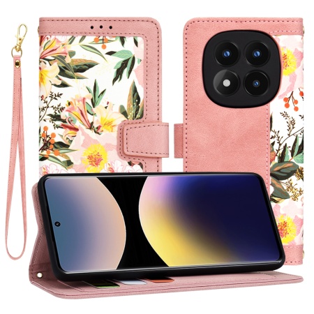 Husa pentru Xiaomi Redmi Note 14 Pro 4G / Poco F7, SKYDDAR INNOVATION, Floral Wallet, din Piele Ecologică cu Design Floral, Protecție 360°, Stand Integrat, Buzunare pentru Carduri, Roz, set cu sticker