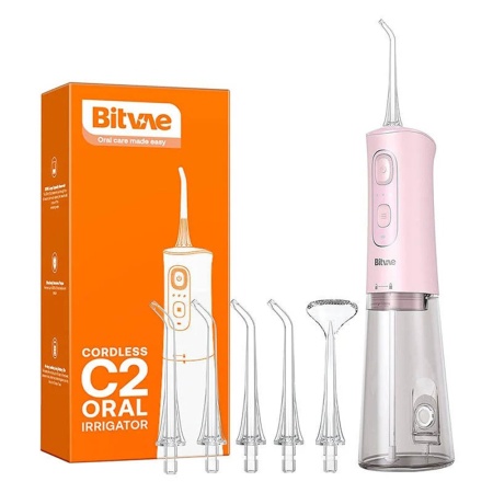 Irigator bucal electric Bitvae ,3 moduri si 5 trepte de intensitate, rezervor 260ml, capete rotative 360°, autonomie 40 zile, rezistent la apa, BVC2, Roz