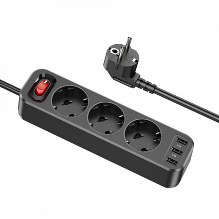Prelungitor triplu 2.4A, 3x USB, 1.8m, HOCO (NS2) - Negru