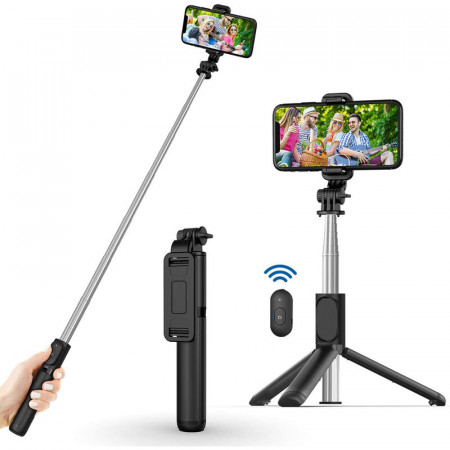 Selfie stick tip trepied cu telecomanda Bluetooth, 101cm, Techsuit S7 - Negru
