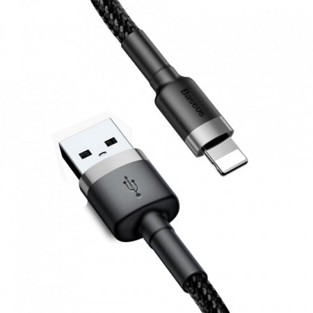 Cablu de date USB la Lightning, 1.5A, 2m, Cafule Baseus (CALKLF-CG1) - Gri Negru