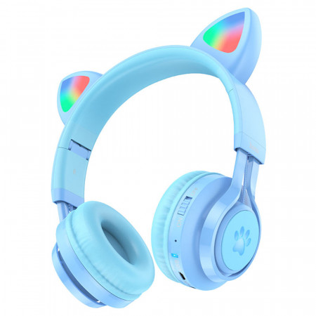 Casti On-Ear pentru copii, pliabile, cu urechi de pisica, BT 5.3, Hoco (W39) - Albastru