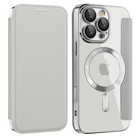 Husa pentru iPhone 12 tip carte, SKYDDAR INOVATION, SmartMag Book, Magsafe, RFiD, Suport Carduri, set cu sticker, Gri