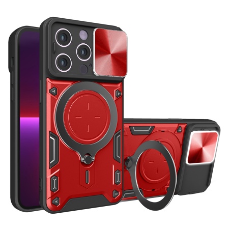 Husa pentru iPhone 13 Pro, SKYDDAR INNOVATION, CamGuard Pro, Inel Magnetic, Protectie Camera, Rosu, set cu sticker