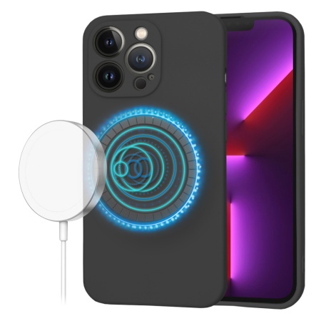 Husa pentru iPhone 13 Pro, SKYDDAR INNOVATION, din Silicon Catifelat, SoftFlex Magsafe, Negru, set cu sticker