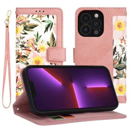 Husa pentru iPhone 13 Pro, SKYDDAR INNOVATION, Flipcraft din Piele Ecologică, Stand Integrat, Buzunare pentru Carduri, set cu sticker, Roz