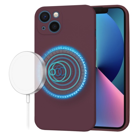 Husa pentru iPhone 13, SKYDDAR INNOVATION, din Silicon Catifelat, SoftFlex Magsafe, Bordo, set cu sticker