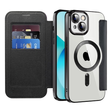 Husa pentru iPhone 13 tip carte, SKYDDAR INOVATION, SmartMag Book, Magsafe, RFiD, Suport Carduri, set cu sticker, Negru