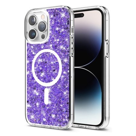 Husa pentru iPhone 14 Pro, SKYDDAR INNOVATION, SparkleCase, din Silicon cu Sclipici, Protectie Completa, Mov, set cu sticker