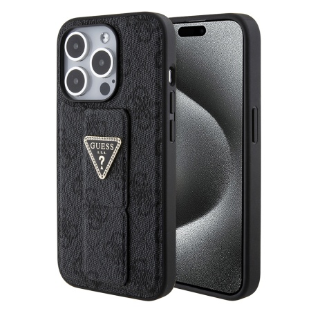 Husa pentru iPhone 15 Pro, Grip Stand 4G Triangle Strass, Guess - Negru