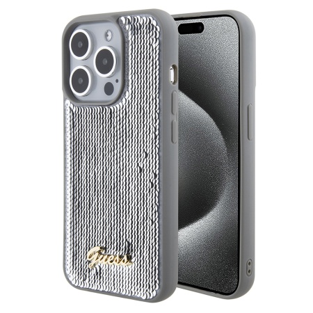 Husa pentru iPhone 15 Pro Max, Sequin Script Metal, Guess - Argintiu