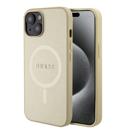 Husa pentru iPhone 15 Saffiano MagSafe, Guess - Auriu