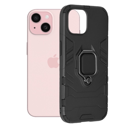 Husa pentru iPhone 15, SKYDDAR INNOVATION, cu Inel Magnetic, Antisoc, Forged, Negru, set cu sticker