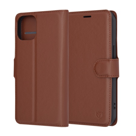 Husa pentru iPhone 15, SKYDDAR INNOVATION, Leather Folio, tip Carte, cu Portofel Interior, Finisaje Premium, Maro, set cu sticker