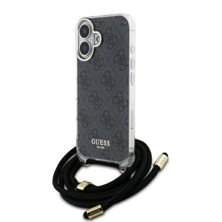 Husa pentru iPhone 16 cu snur, Crossbody Cord 4G Print, Guess - Negru