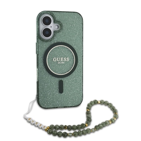 Husa pentru iPhone 16 Plus, IML Glitter with Pearl Strap MagSafe, Guess - Verde