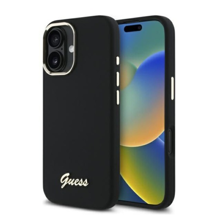 Husa pentru iPhone 16 Plus Silicone Script Metal Logo & Frame, Guess - Negru