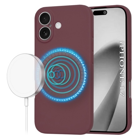Husa pentru iPhone 17, SKYDDAR INNOVATION, din Silicon Catifelat, SoftFlex Magsafe, set cu sticker, Bordo