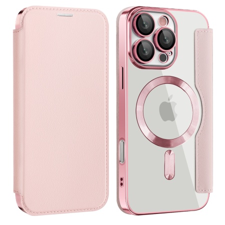 Husa pentru iPhone 17 tip carte, SKYDDAR INOVATION, SmartMag Book, Magsafe, RFiD, Suport Carduri, set cu sticker, Roz