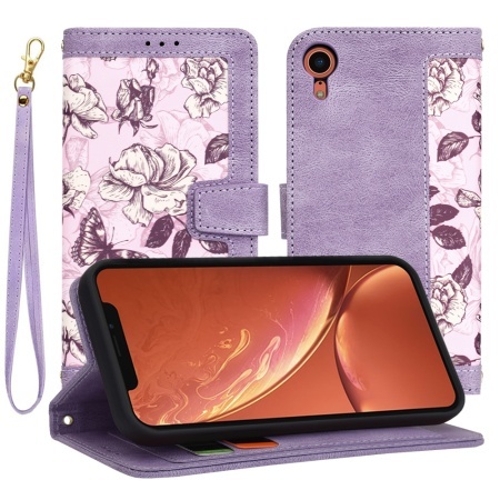 Husa pentru iPhone XR, SKYDDAR INNOVATION, Flipcraft din Piele Ecologică, Stand Integrat, Buzunare pentru Carduri, set cu sticker, Mov