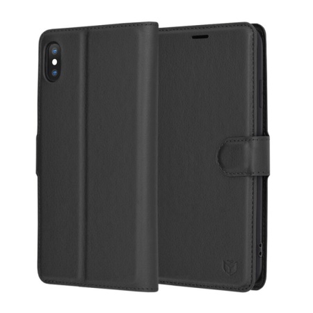 Husa pentru iPhone XS Max, SKYDDAR INNOVATION, Leather Folio tip Carte, cu Portofel Interior, Finisaje Premium, set cu sticker, Negru