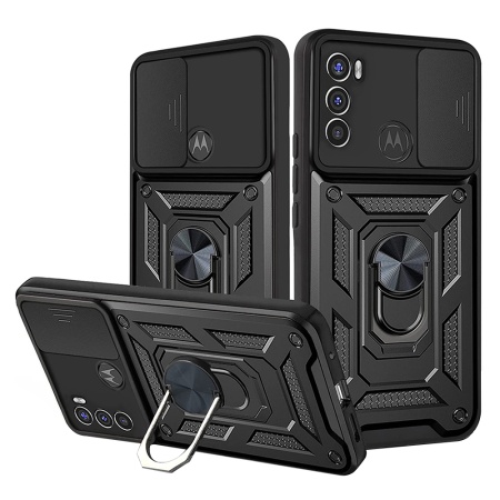Husa pentru Motorola Moto G71 5G, SKYDDAR INNOVATION, CamShield, Inel magnetic, set cu sticker, Negru