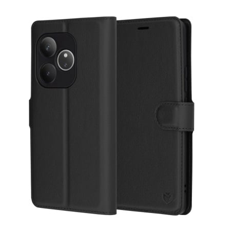 Husa pentru Realme GT 6 / GT 6T, SKYDDAR INNOVATION, Leather Folio tip Carte, cu Portofel Interior, Finisaje Premium, set cu sticker, Negru
