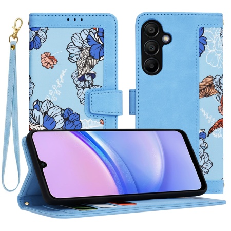Husa pentru Samsung Galaxy A15 4G / Galaxy A15 5G, SKYDDAR INNOVATION, Floral Wallet, din Piele Ecologică cu Design Floral, Protecție 360°, Stand Integrat, Buzunare pentru Carduri, Bleu, set cu sticker