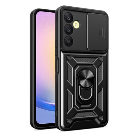 Husa pentru Samsung Galaxy A25 5G, SKYDDAR INNOVATION, CamShield, Inel magnetic, set cu sticker, Negru