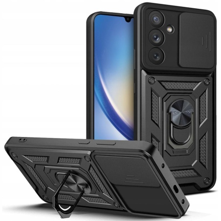 Husa pentru Samsung Galaxy A34 5G, SKYDDAR INNOVATION, CamShield, Inel magnetic, set cu sticker, Negru
