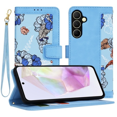 Husa pentru Samsung Galaxy A35 5G, SKYDDAR INNOVATION, Flipcraft din Piele Ecologică, Stand Integrat, Buzunare pentru Carduri, set cu sticker, Bleu