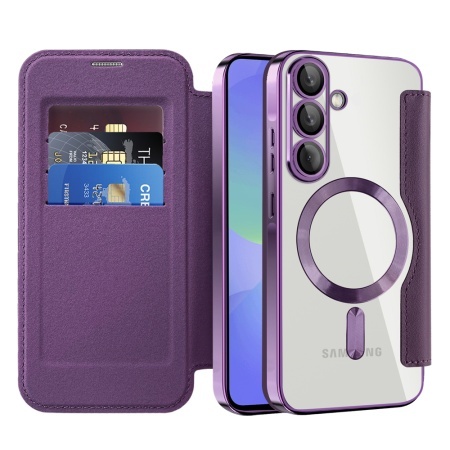 Husa pentru Samsung Galaxy A36 5G tip carte, SKYDDAR INOVATION, SmartMag Book, Magsafe, RFiD, Suport Carduri, set cu sticker, Mov
