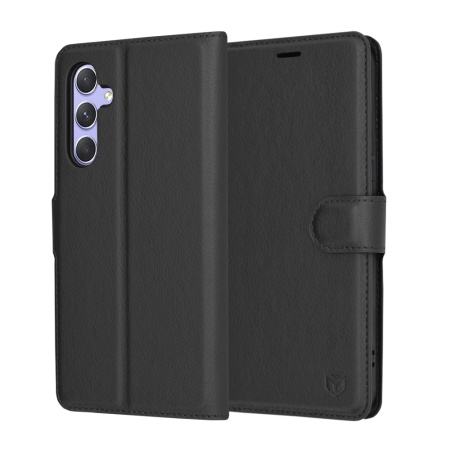 Husa pentru Samsung Galaxy A54, SKYDDAR INNOVATION, Leather Folio tip Carte, cu Portofel Interior, Finisaje Premium, set cu sticker, Negru