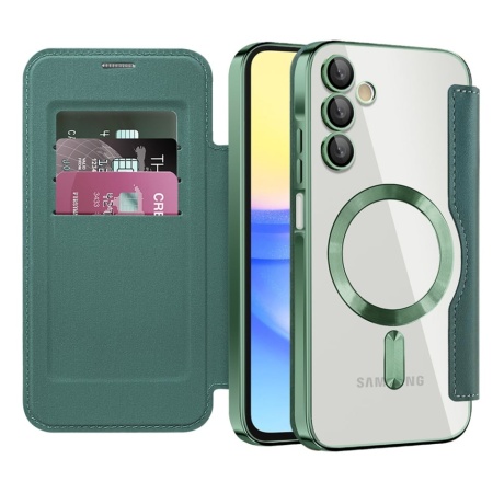 Husa pentru Samsung Galaxy A55 5G tip carte, SKYDDAR INOVATION, SmartMag Book, Magsafe, RFiD, Suport Carduri, set cu sticker, Verde