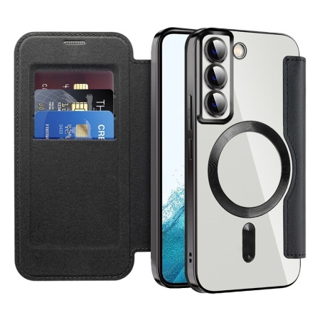 Husa pentru Samsung Galaxy S22 5G tip carte, SKYDDAR INOVATION, SmartMag Book, Magsafe, RFiD, Suport Carduri, set cu sticker, Negru