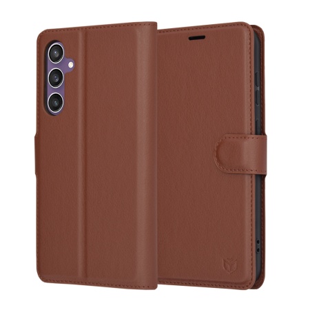 Husa pentru Samsung Galaxy S23 FE, SKYDDAR INNOVATION, Leather Folio tip Carte, cu Portofel Interior, Finisaje Premium, set cu sticker, Maro