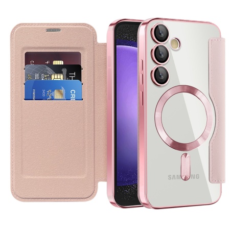 Husa pentru Samsung Galaxy S23 FE tip carte, SKYDDAR INOVATION, SmartMag Book, Magsafe, RFiD, Suport Carduri, set cu sticker, Roz