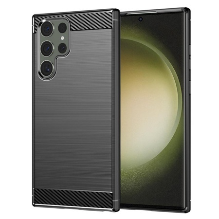 Husa pentru Samsung Galaxy S23 Ultra, SKYDDAR INNOVATION, Carbon Silicone, din Silicon Slim, cu textura Fibra Carbon, set cu sticker, Negru
