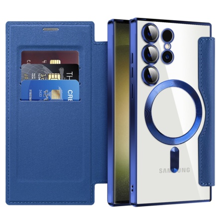 Husa pentru Samsung Galaxy S23 Ultra tip carte, SKYDDAR INOVATION, SmartMag Book, Magsafe, RFiD, Suport Carduri, set cu sticker, Albastru