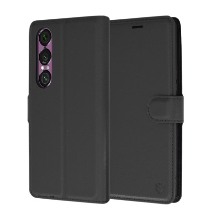 Husa pentru Sony Xperia 1 VI, SKYDDAR INNOVATION, Leather Folio tip Carte, cu Portofel Interior, Finisaje Premium, set cu sticker, Negru