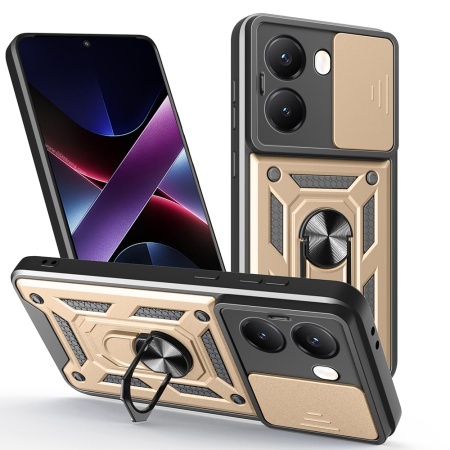 Husa pentru Xiaomi Poco X7 Pro, SKYDDAR INNOVATION, CamShield, Inel magnetic, set cu sticker, Auriu